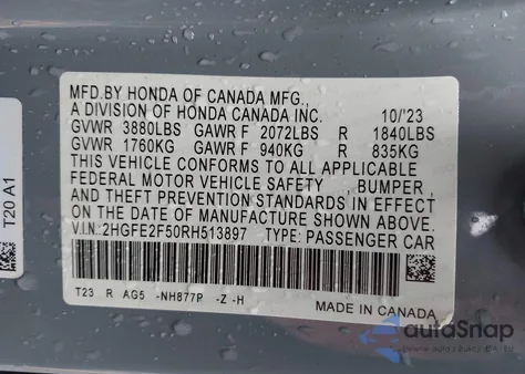 2024 Honda Civic Sport z USA, uszkodzony, nr VIN 2HGFE2F50RH513897